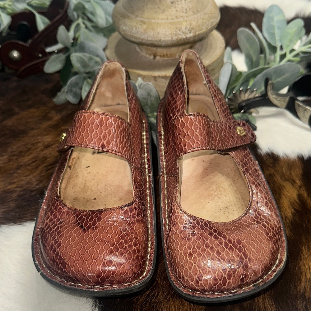 Alegria Brown/mauve snake printTextured Mules